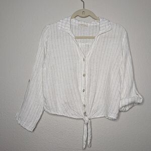 Milio Milano Womens White Coastal Linen Pinstripe Top Cropped Tie Front Top L